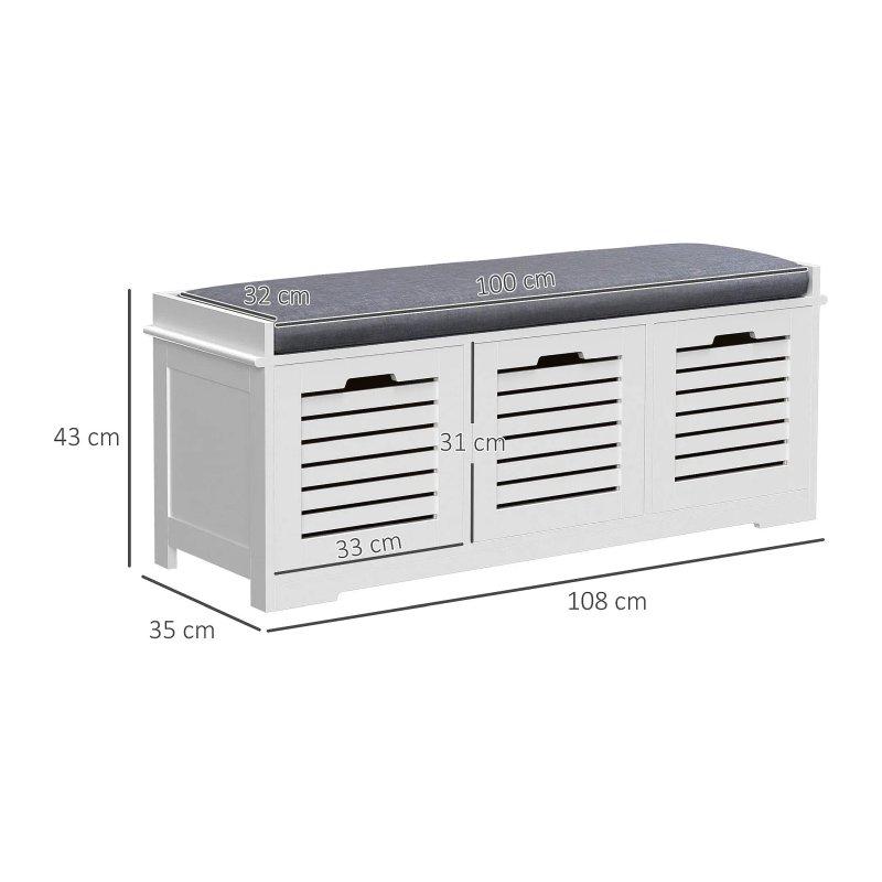Beyaz MDF 3 Çekmeceli Gri Minderli Ayakkabılık Bench - 108x35x43 cm - 118282