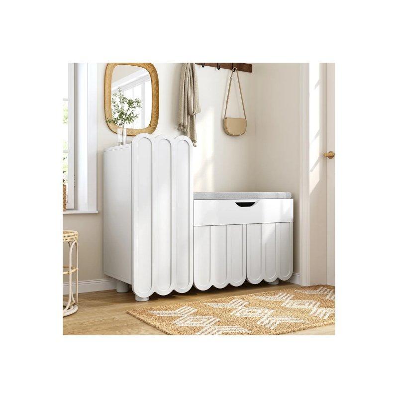 Beyaz MDF 3 Kapaklı ve Çekmeceli Minderli Ayakkabılık - 90 x 35 x 75 cm - 118681