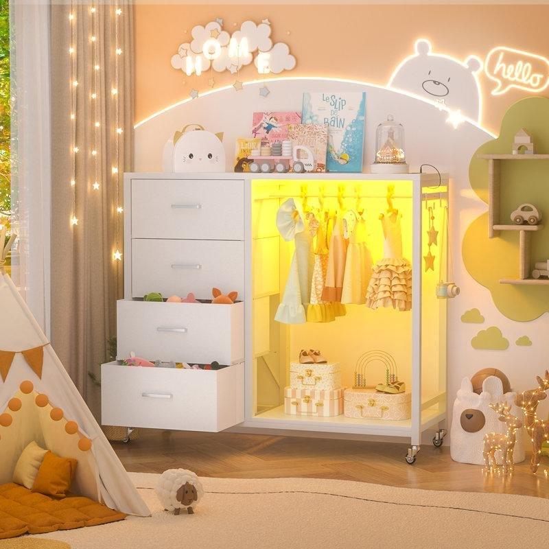 Beyaz MDF 4 Çekmeceli Askılıklı LED Işıklı ve Şarj İstasyonlu Tekerlekli Şifonyer - 105x95 cm - 122647