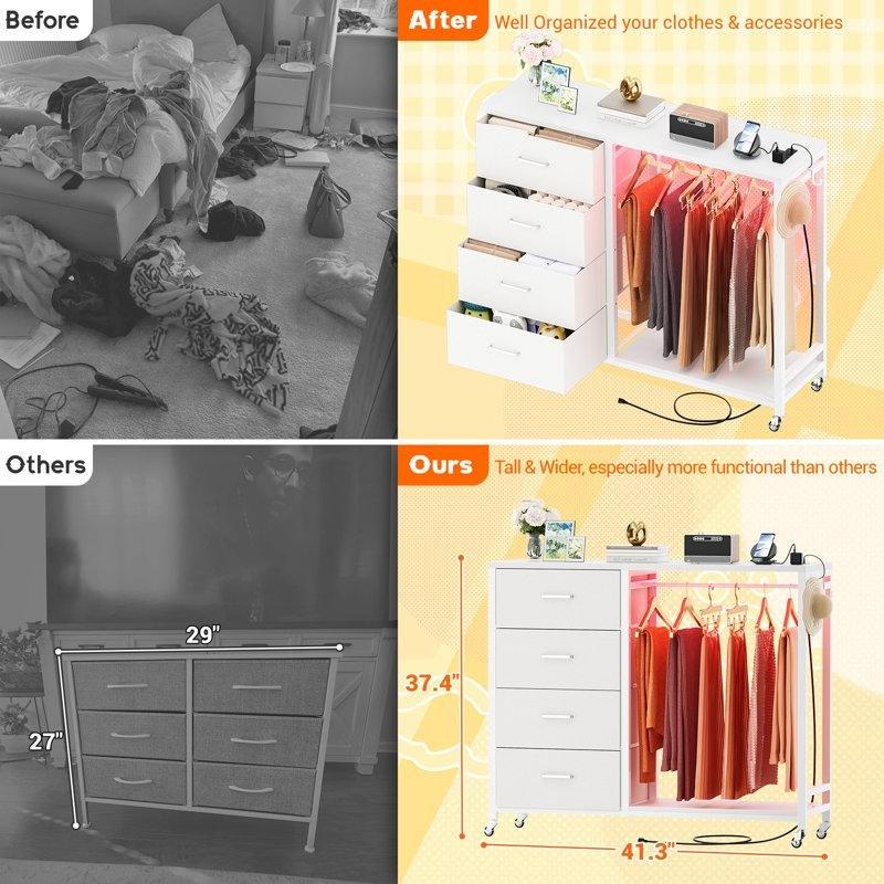 Beyaz MDF 4 Çekmeceli Askılıklı LED Işıklı ve Şarj İstasyonlu Tekerlekli Şifonyer - 105x95 cm - 122647