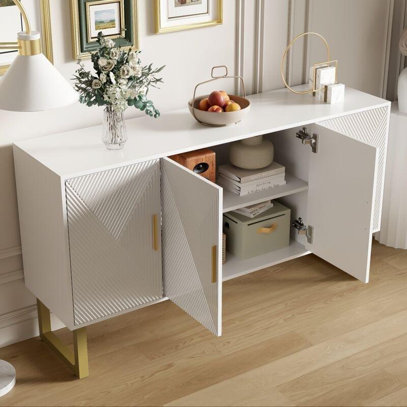 Beyaz MDF 4 Kapaklı Gold Kulplu Parlak Yüzeyli Konsol - 150x40x82 cm - 129294