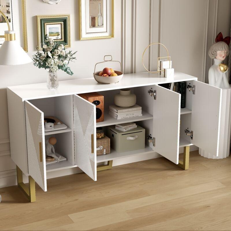 Beyaz MDF 4 Kapaklı Gold Kulplu Parlak Yüzeyli Konsol - 150x40x82 cm - 129294