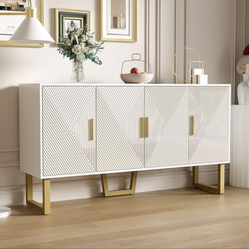 Beyaz MDF 4 Kapaklı Gold Kulplu Parlak Yüzeyli Konsol - 150x40x82 cm - 129294