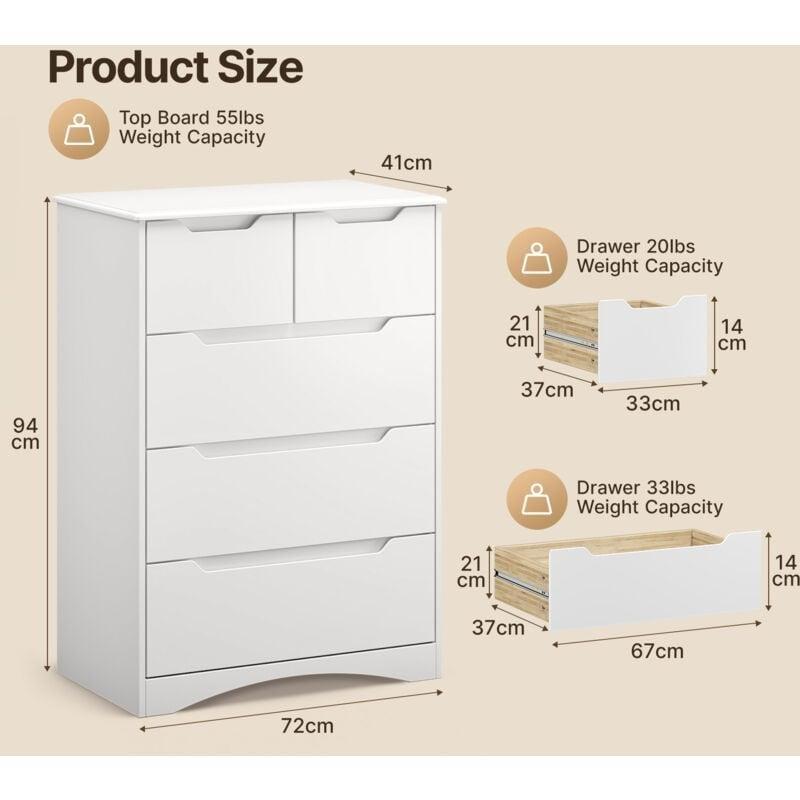 Beyaz MDF 5 Çekmeceli Entegre Kulplu Şifonyer - 72x41x94 cm - 123388