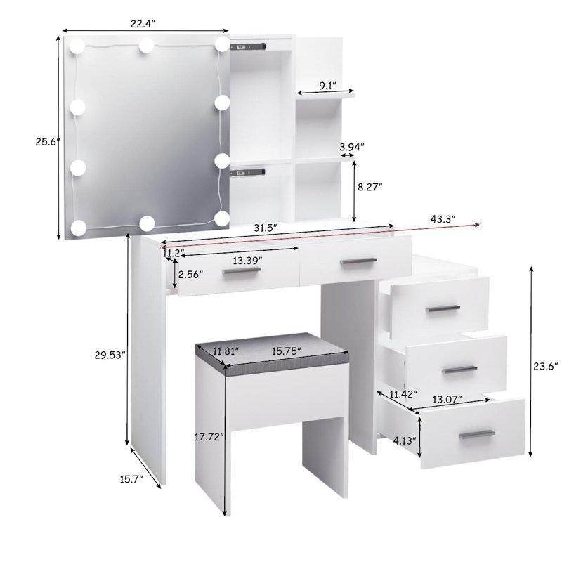Beyaz MDF 5 Çekmeceli ve LED Işıklı Sürgülü Aynalı Makyaj Masası Seti - 110 cm - 121801