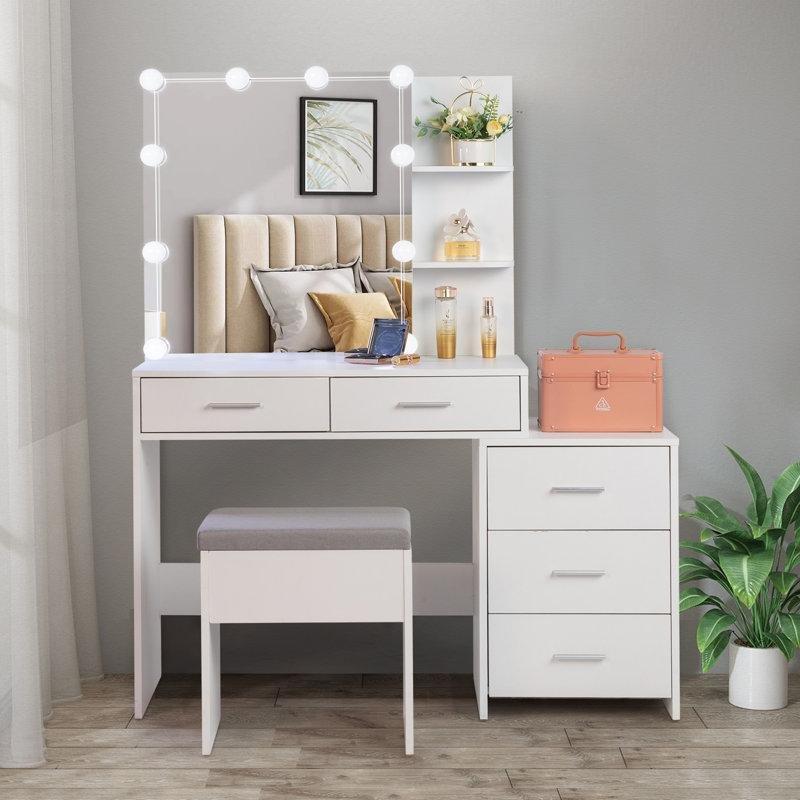 Beyaz MDF 5 Çekmeceli ve LED Işıklı Sürgülü Aynalı Makyaj Masası Seti - 110 cm - 121801