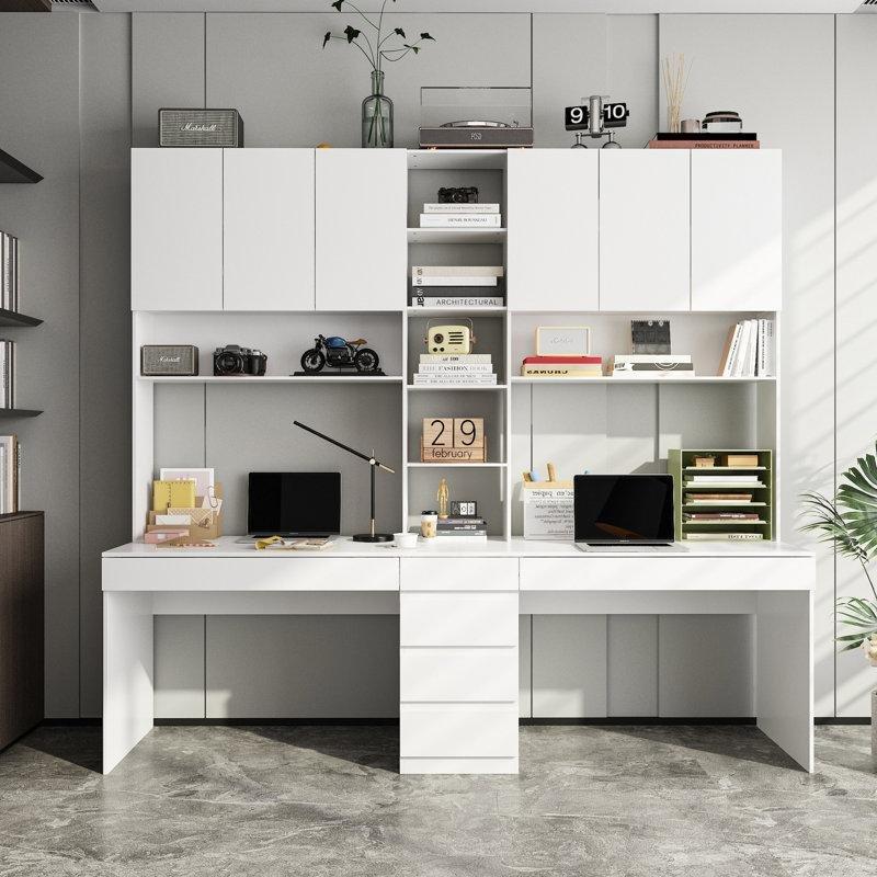 Beyaz MDF 6 Çekmeceli 4 Kapaklı Çift Kişilik Çalışma Masalı Kitaplık - 241x60x220 cm - 141289