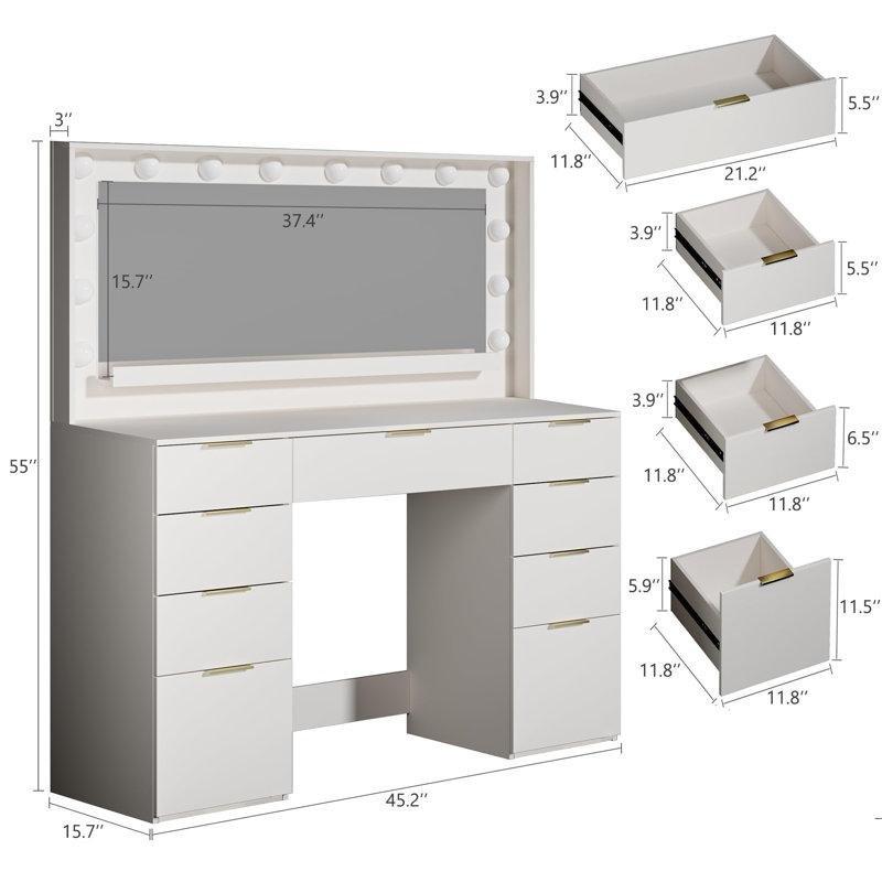 Beyaz MDF 9 Çekmeceli Hollywood Işıklı Aynalı Prizli Makyaj Masası - 115x140 cm - 121885