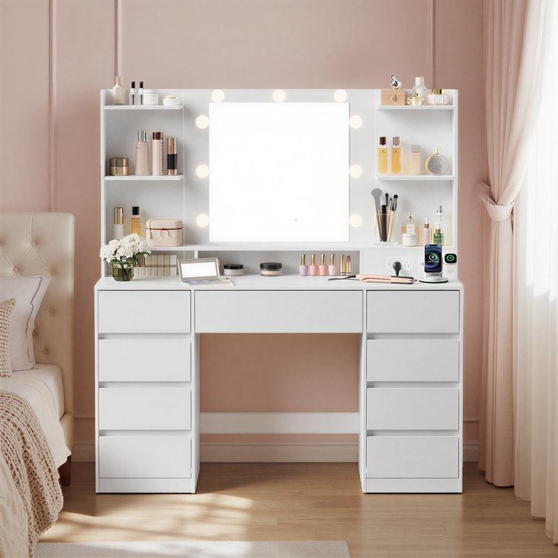 Beyaz MDF 9 Çekmeceli Işıklı Aynalı ve Şarj İstasyonlu Makyaj Masası - 110x40x144 cm - 121654