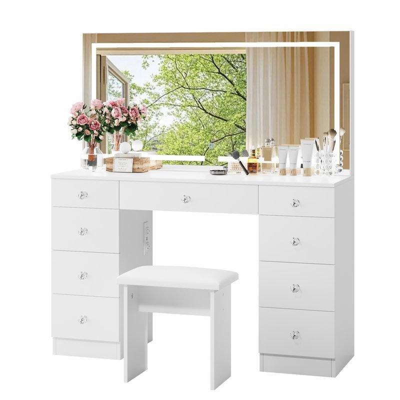 Beyaz MDF 9 Çekmeceli LED Işıklı ve Priz Girişli Makyaj Masası - 120 cm - 121861