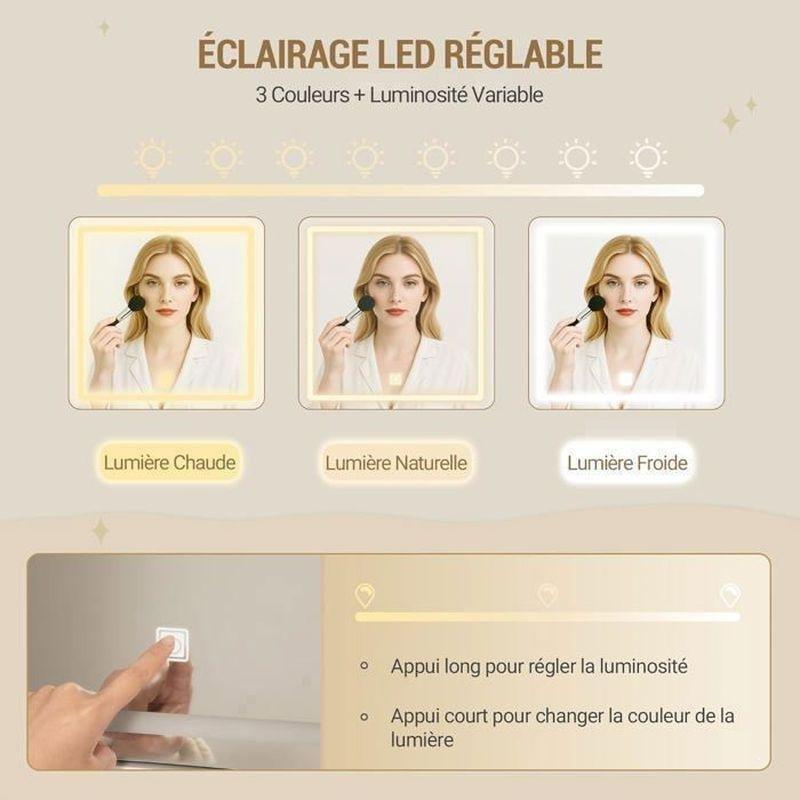 Beyaz MDF 9 Çekmeceli Raflı LED Işıklı Aynalı Makyaj Masası - 108x40x140 cm - 122329