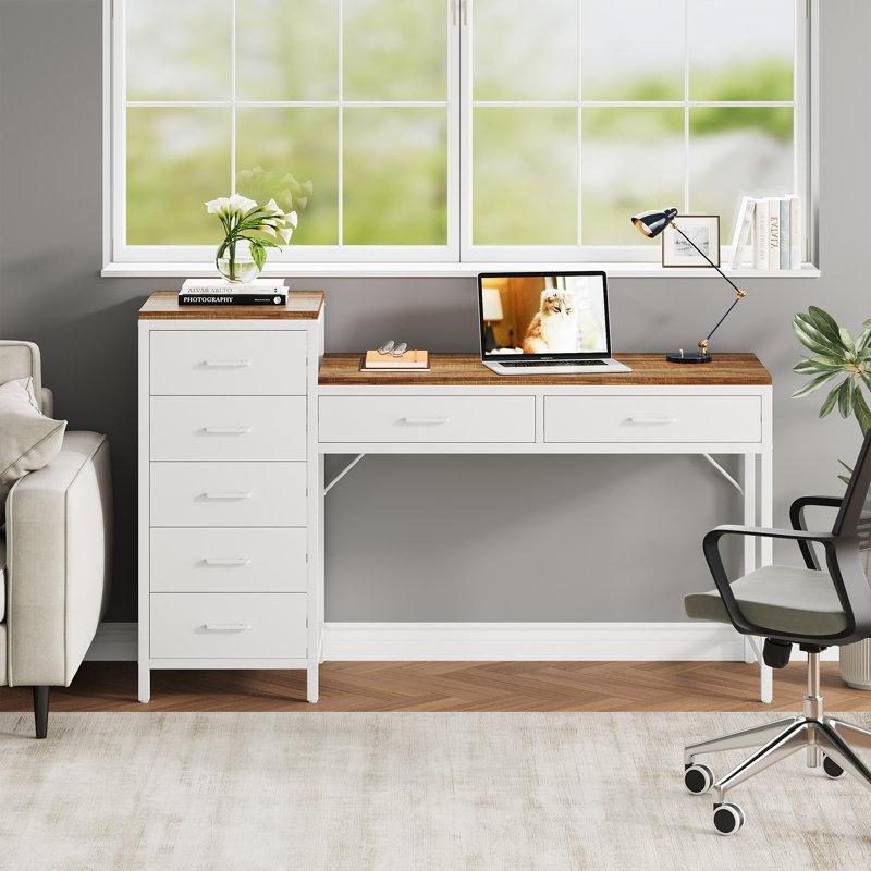 Beyaz MDF Ayarlanabilir Çekmeceli Bilgisayar Masası-141x45x97 cm - 116811