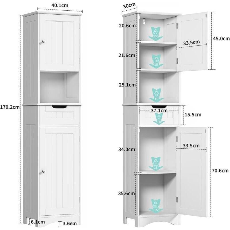 Beyaz MDF Ayarlanabilir Raflı Banyo Dolabı-30x42x171 cm - 113920