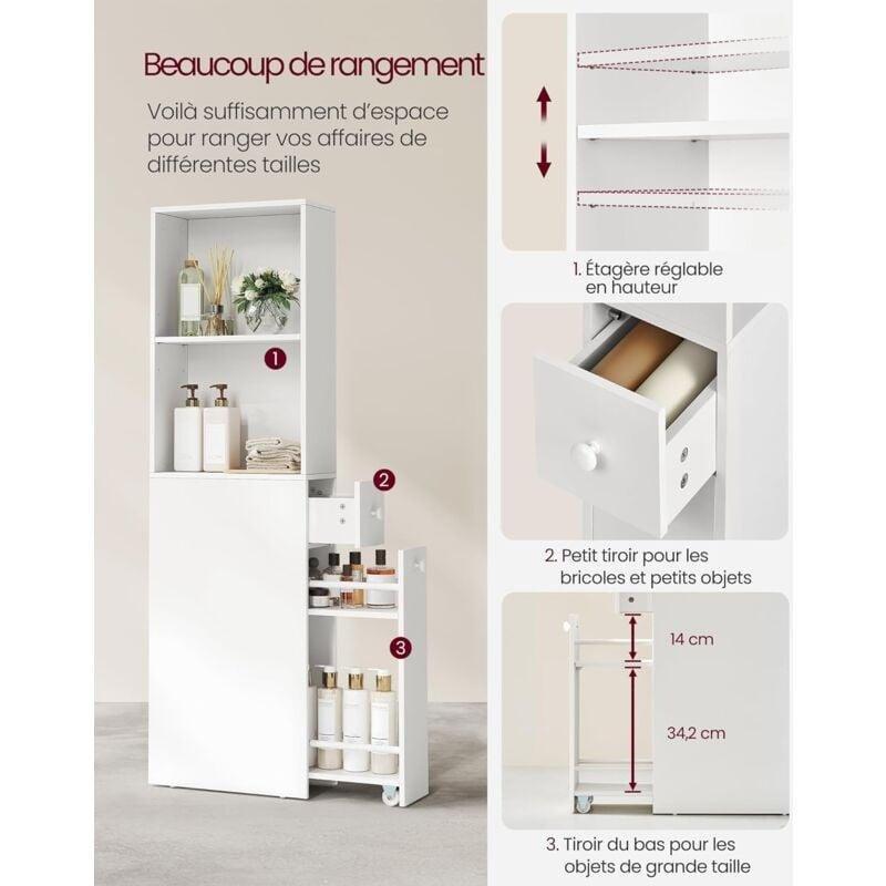 Beyaz MDF Ayarlanabilir Raflı Çekmeceli Banyo Dolabı-40x18x135 cm - 113996