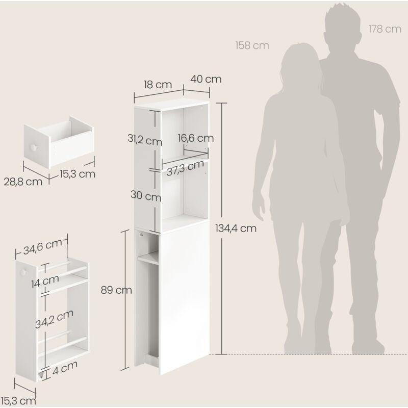 Beyaz MDF Ayarlanabilir Raflı Çekmeceli Banyo Dolabı-40x18x135 cm - 113996
