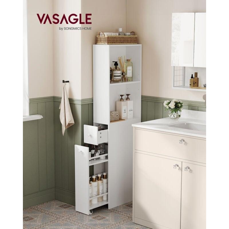 Beyaz MDF Ayarlanabilir Raflı Çekmeceli Banyo Dolabı-40x18x135 cm - 113996