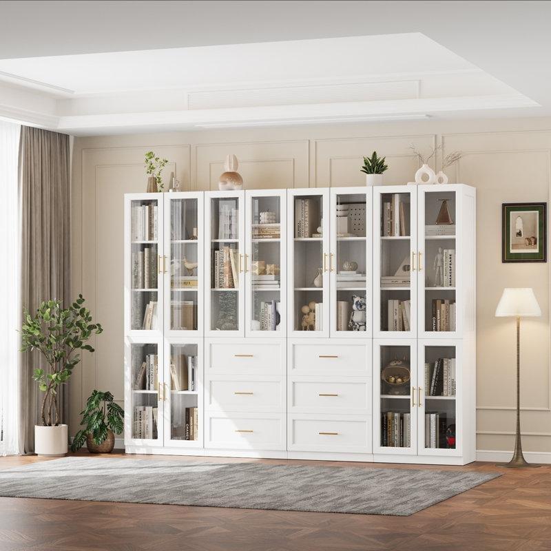 Beyaz MDF Cam Kapaklı ve 6 Çekmeceli Ayarlanabilir Raflı Kitaplık - 240x181x36 cm - 141619