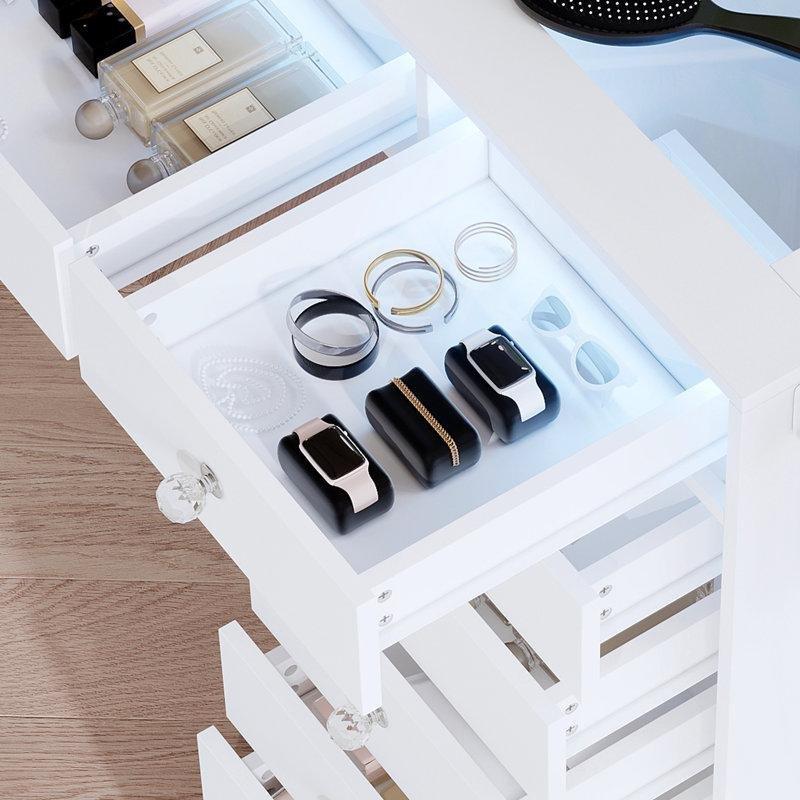 Beyaz MDF Cam Tablalı 15 Çekmeceli ve Prizli Işıklı Makyaj Masası - 131 cm - 121795