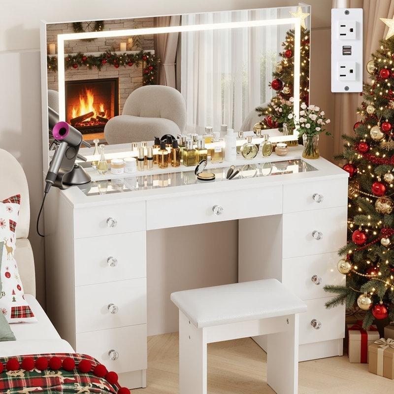 Beyaz MDF Cam Tablalı LED Aynalı 9 Çekmeceli Priz ve USB Girişli Makyaj Masası - 110x41x138 cm - 121822