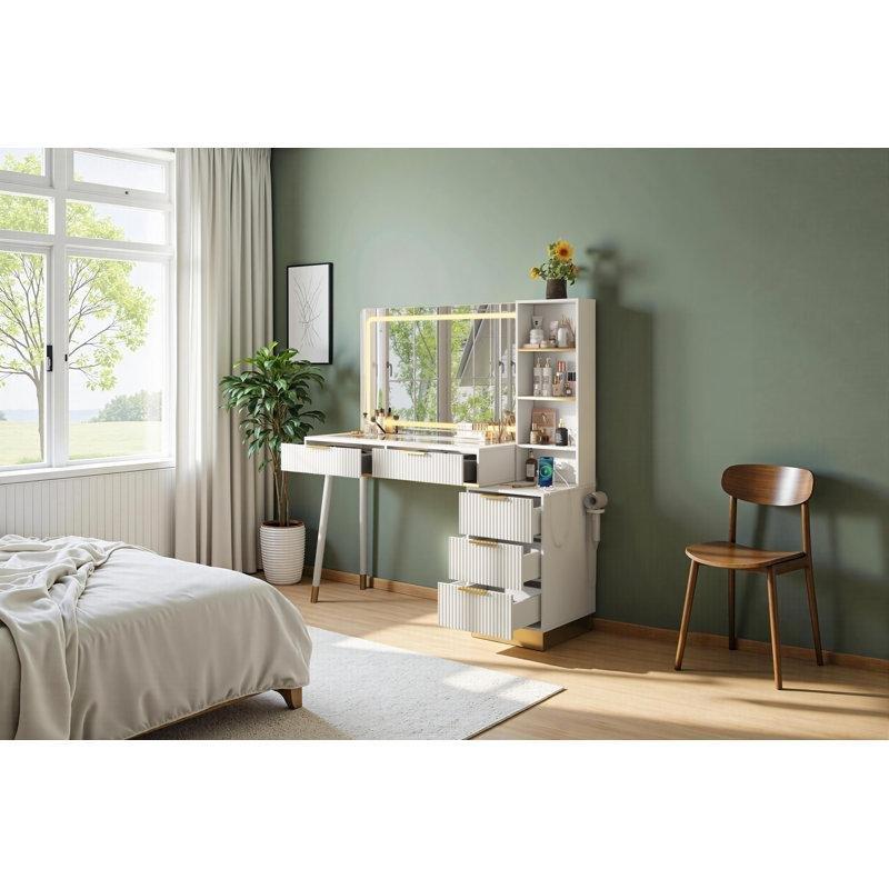 Beyaz MDF Cam Tablalı LED Aynalı ve Şarj İstasyonlu Makyaj Masası - 122 cm - 121831