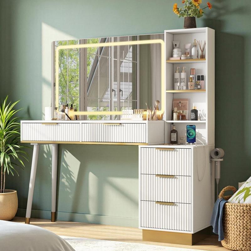 Beyaz MDF Cam Tablalı LED Aynalı ve Şarj İstasyonlu Makyaj Masası - 122 cm - 121831
