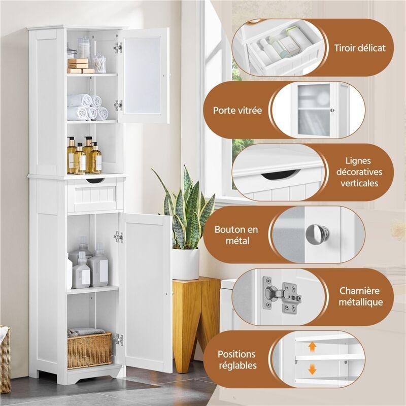 Beyaz MDF Camlı Raf Ayarlı Banyo Dolabı-40x30x170 cm - 113969