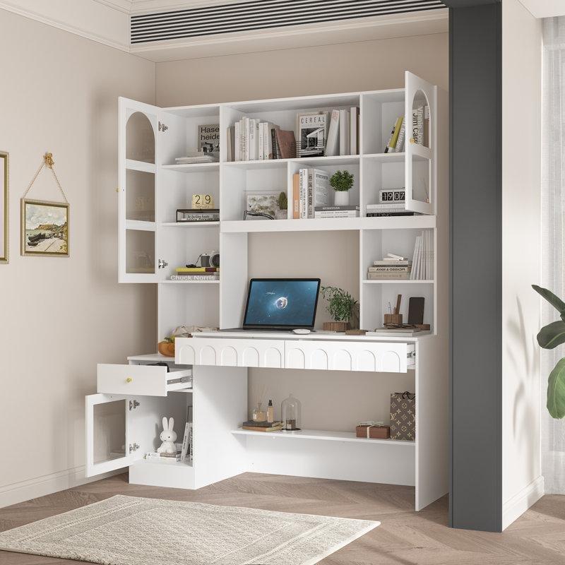 Beyaz MDF Çekmeceli Dolaplı Kitaplıklı Bilgisayar Masası-159x201x59 cm - 116622