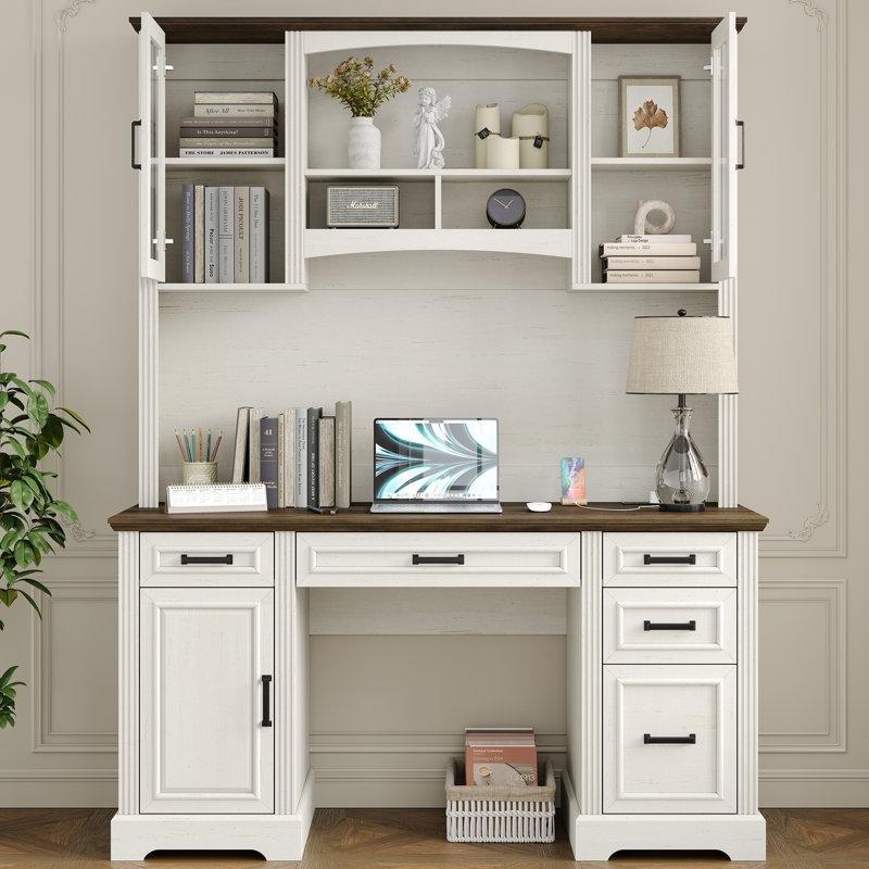 Beyaz MDF Çekmeceli Dolaplı Prizli Bilgisayar Masası-193x148x56 cm - 116505