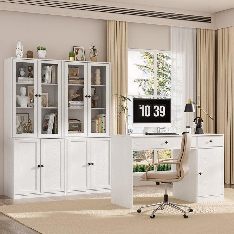 Beyaz MDF Çekmeceli ve Dolaplı Çalışma Masalı Kitaplık - 181x60 cm - 141286