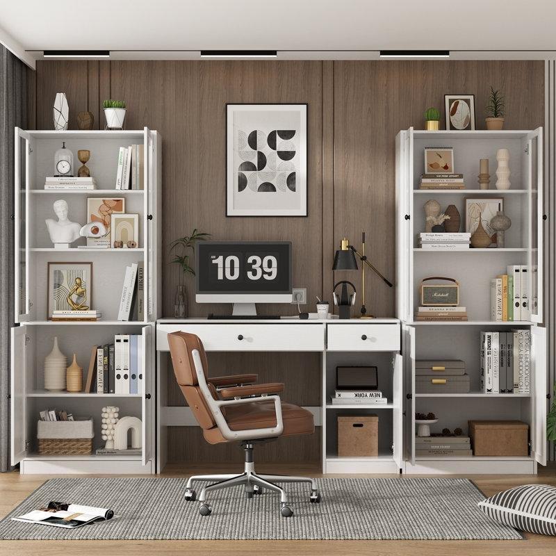 Beyaz MDF Çekmeceli ve Dolaplı Çalışma Masalı Kitaplık - 181x60 cm - 141286