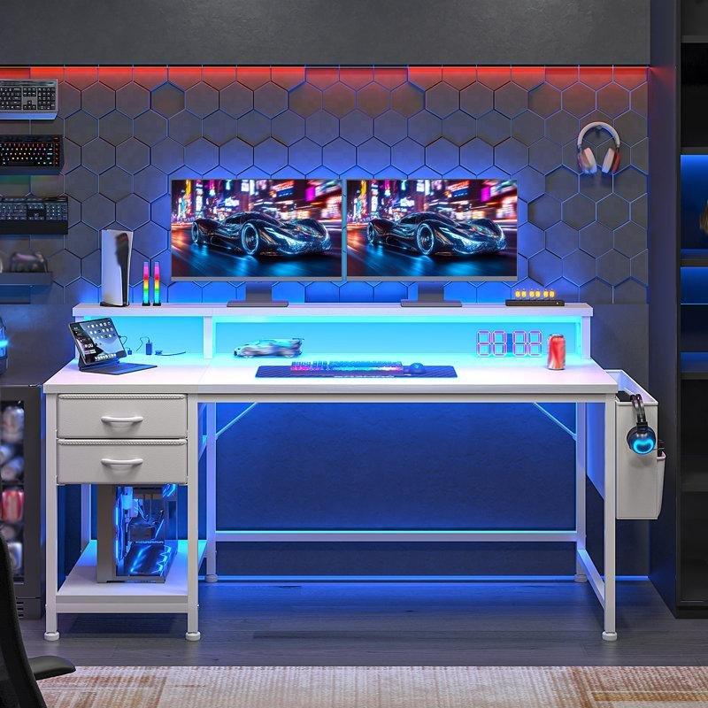 Beyaz MDF Çelik Ayaklı Ledli Çekmeceli Bilgisayar masası-122x51x91 cm - 116868