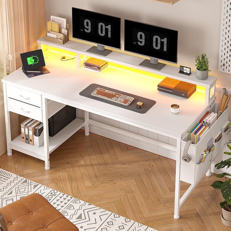 Beyaz MDF Çelik Ayaklı Ledli Çekmeceli Bilgisayar masası-122x51x91 cm - 116868