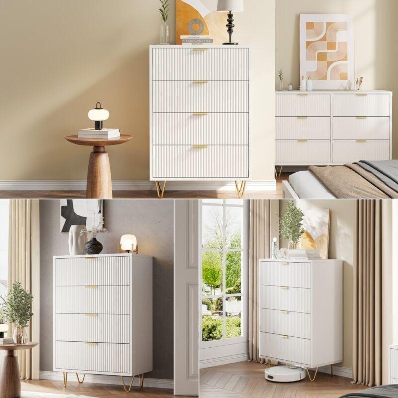 Beyaz MDF Dalga Desenli Gold Kulp Detaylı 4 Çekmeceli Şifonyer - 60x34x91 cm - 123587