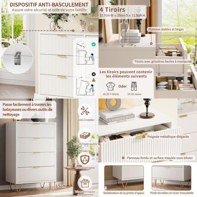 Beyaz MDF Dalga Desenli Gold Kulp Detaylı 4 Çekmeceli Şifonyer - 60x34x91 cm - 123587