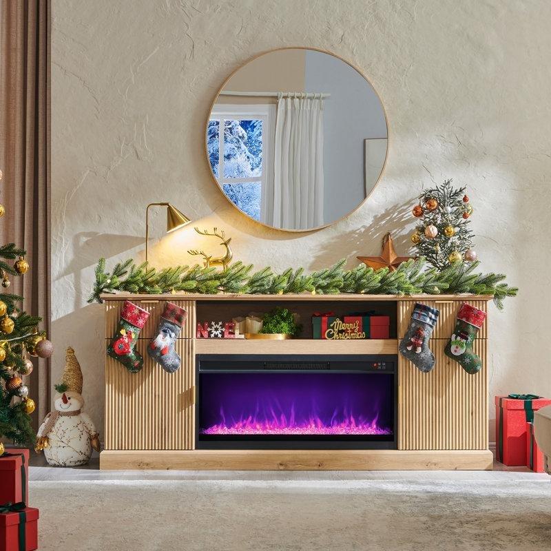 Beyaz MDF Elektrikli Şömineli Yivli Tasarım Konsol - 178x39x79 cm - 129211