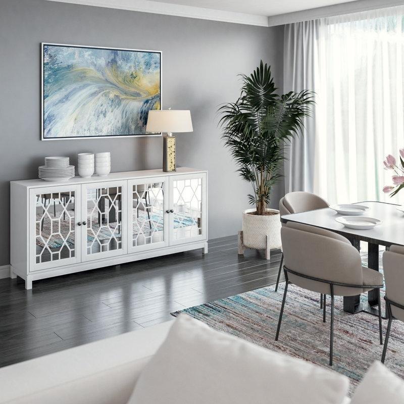 Beyaz MDF Geometrik Desenli 4 Kapaklı Aynalı Konsol - 182x40x82 cm - 128890