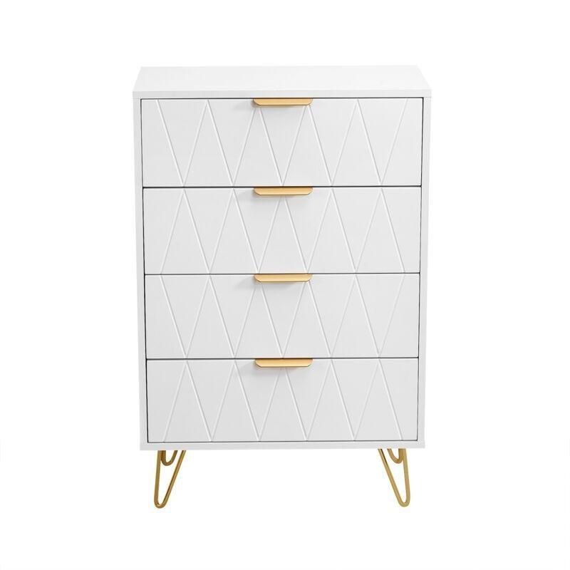 Beyaz MDF Geometrik Desenli Gold Ayaklı 4 Çekmeceli Şifonyer - 60x34x90 cm - 123354