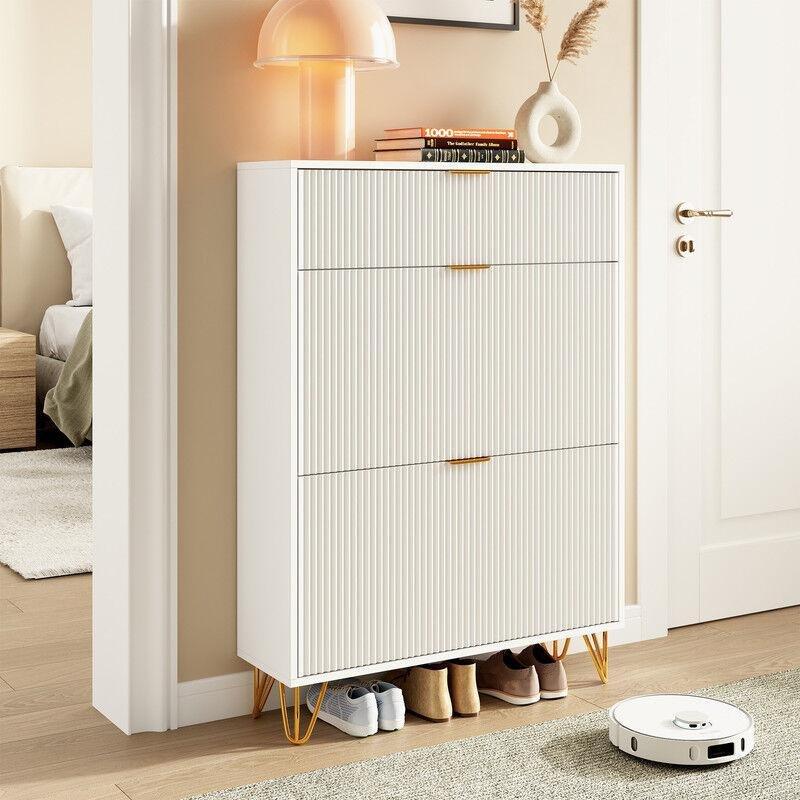 Beyaz MDF Gold Detaylı Düşer Kapaklı Ayakkabılık - 80x24x119 cm - 120214