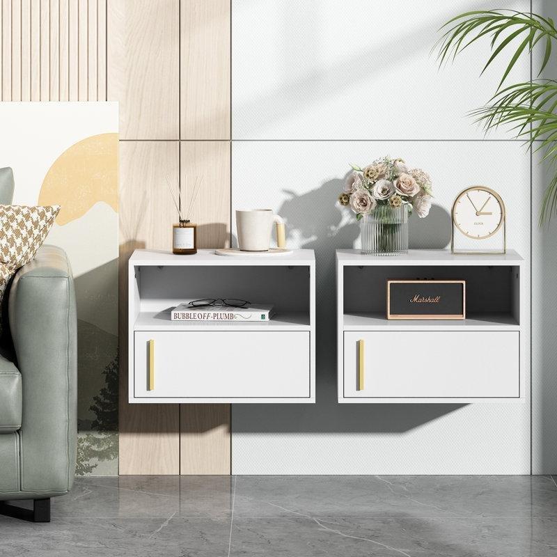 Beyaz MDF Gold Kulplu Duvara Monte İkili Komodin Seti - 43x33 cm - 127358