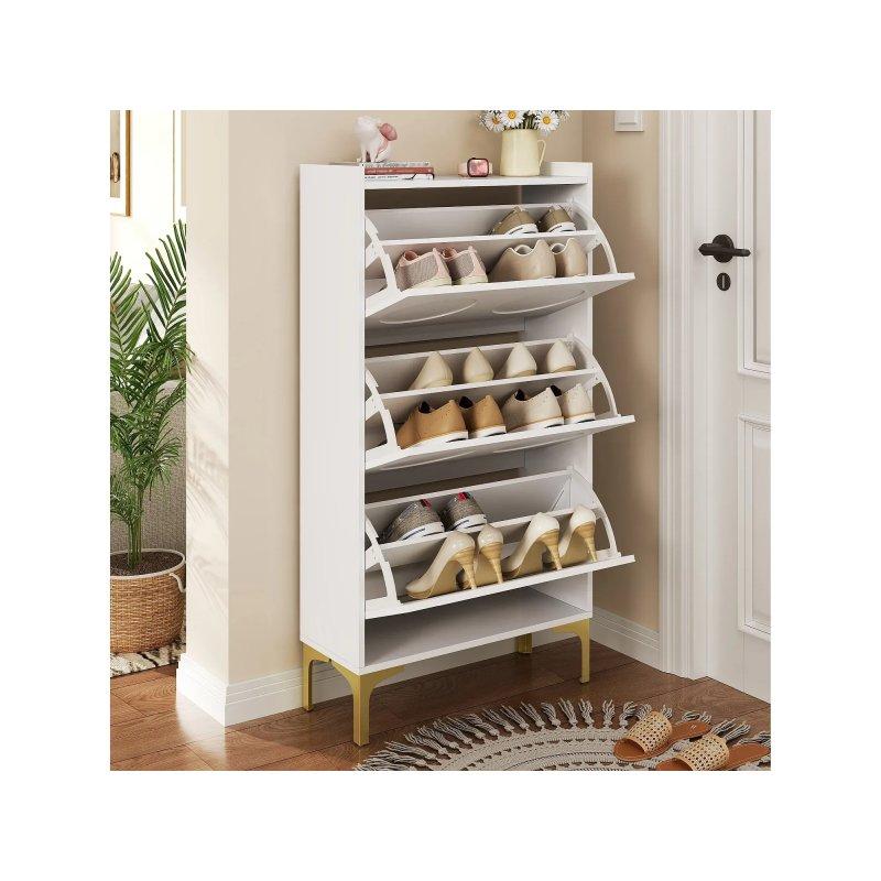 Beyaz MDF Gold Metal Ayaklı 3 Düşer Kapaklı Ayakkabılık - 63x24x120 cm - 118576
