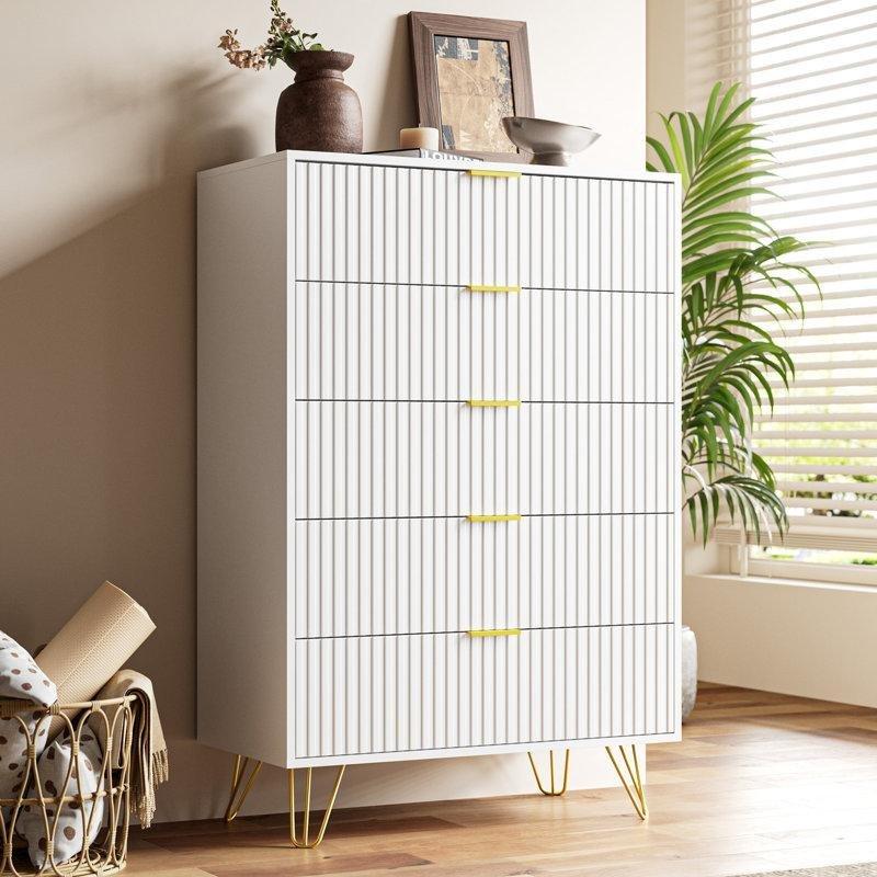 Beyaz MDF Gold Metal Ayaklı 5 Çekmeceli Şifonyer - 80x40x120 cm - 122752