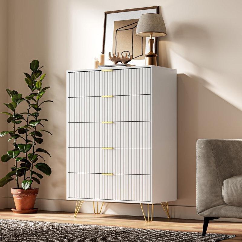 Beyaz MDF Gold Metal Ayaklı 5 Çekmeceli Şifonyer - 80x40x120 cm - 122752
