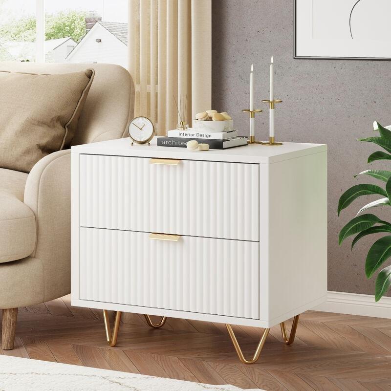 Beyaz MDF Gold Metal Ayaklı Dalga Desenli İkili Komodin Seti - 49x29x47 cm - 127735
