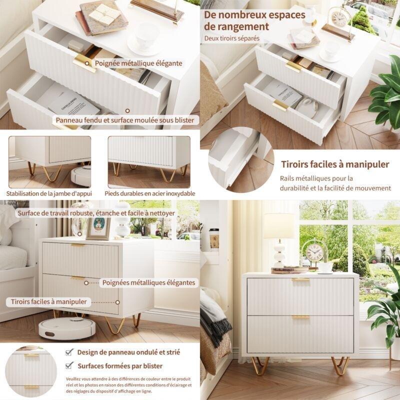 Beyaz MDF Gold Metal Ayaklı Dalga Desenli İkili Komodin Seti - 49x29x47 cm - 127735