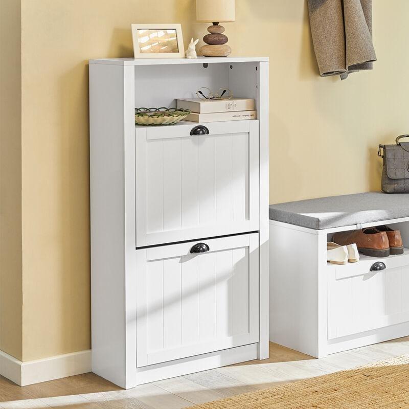 Beyaz MDF İki Düşer Kapaklı ve Açık Raflı Ayakkabılık - 60x24x110 cm - 120340