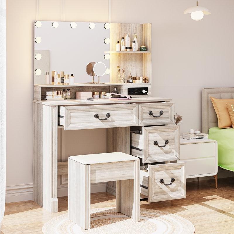Beyaz MDF Işıklı Aynalı Priz ve USB Girişli Çekmeceli Makyaj Masası - 101x40x151 cm - 121606