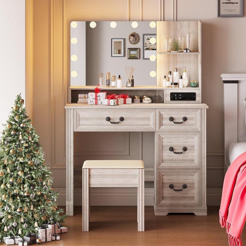 Beyaz MDF Işıklı Aynalı Priz ve USB Girişli Çekmeceli Makyaj Masası - 101x40x151 cm - 121606