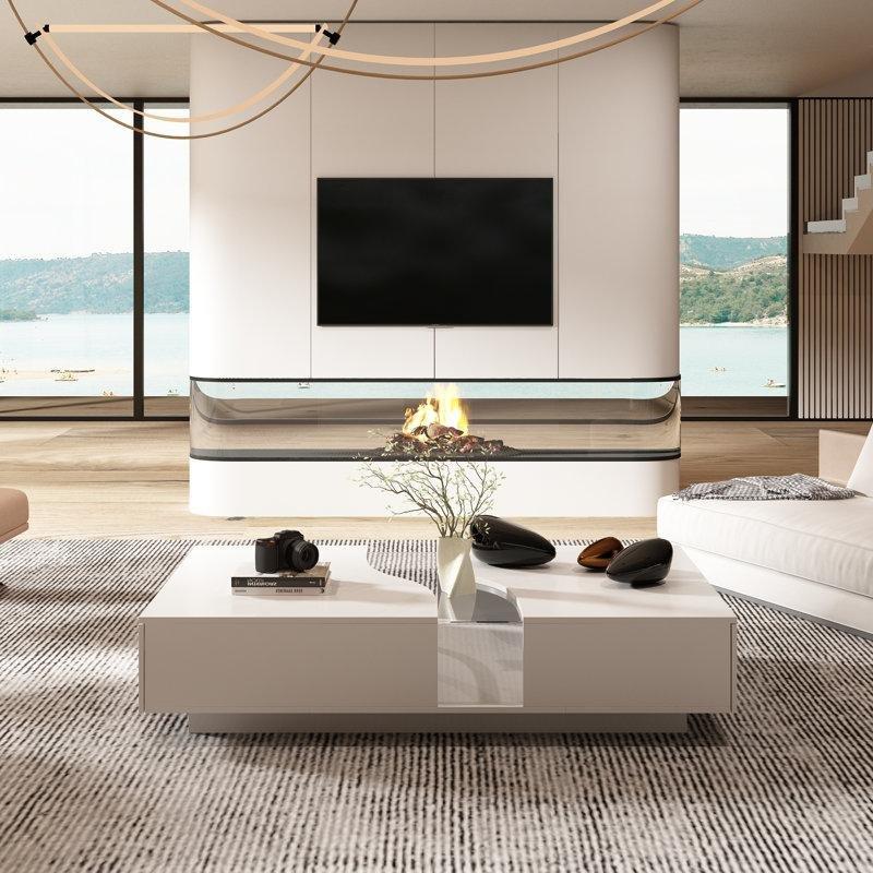 Beyaz MDF Işıklı Dikdörtgen Modern Cam Sehpa-30x140x80 cm - 117693