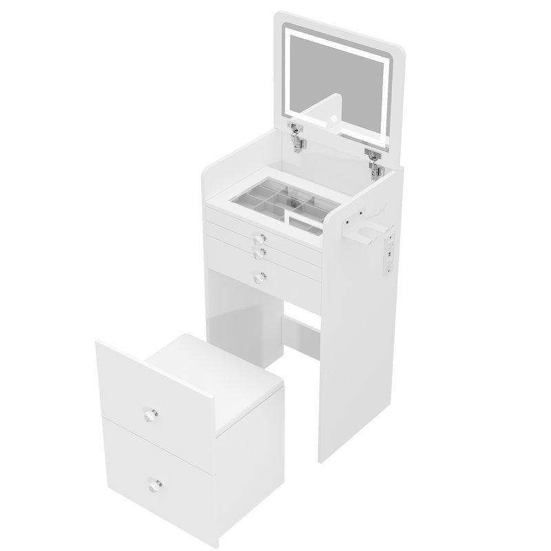 Beyaz MDF Işıklı Priz ve USB Girişli Gizli Tabureli Makyaj Masası - 49x41x130 cm - 121726