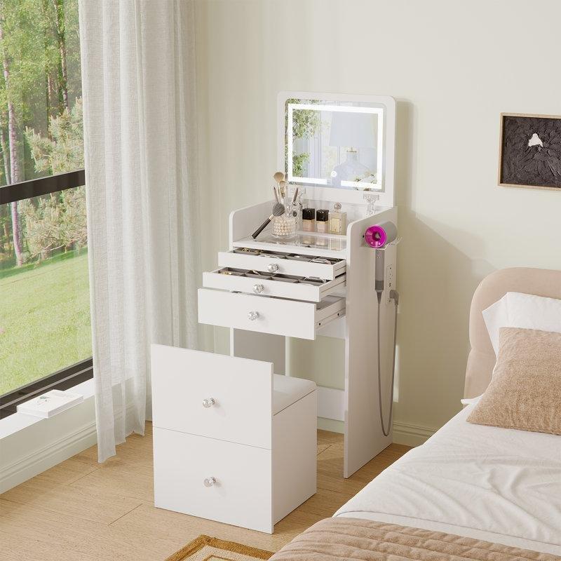 Beyaz MDF Işıklı Priz ve USB Girişli Gizli Tabureli Makyaj Masası - 49x41x130 cm - 121726